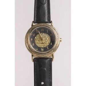 Milan‎ Vintage Gold Tone Black Leather Band Moon Phase Dial Ladies Watch MLN786